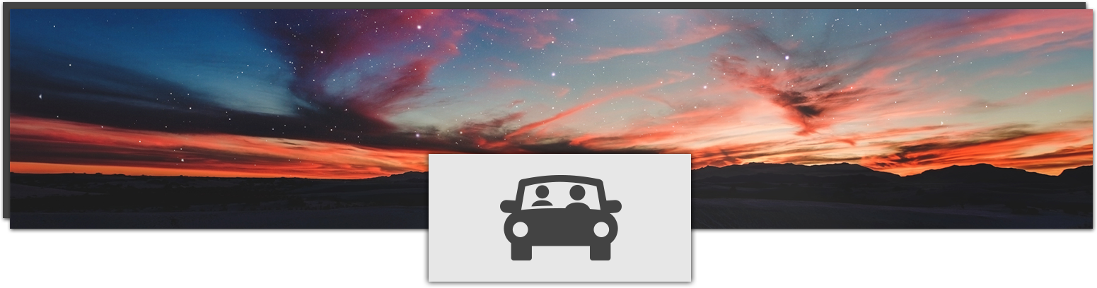 Night sky with stars and a sunset in the background with a car icon in front