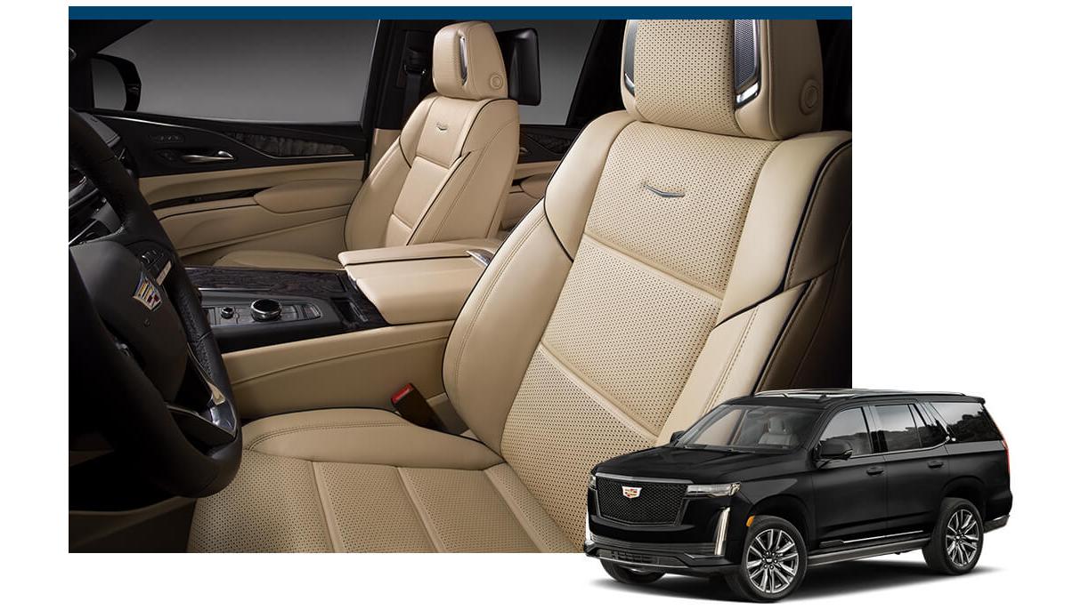 Black Cadillac Escalade with the vehicle interior in the background