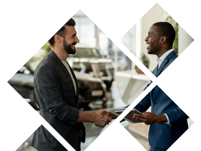 Car dealer and customer shaking hands - collage