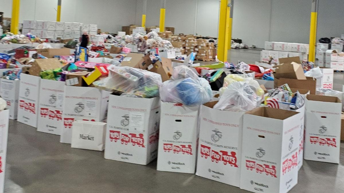 Toys for Tots toys collected in service bay.