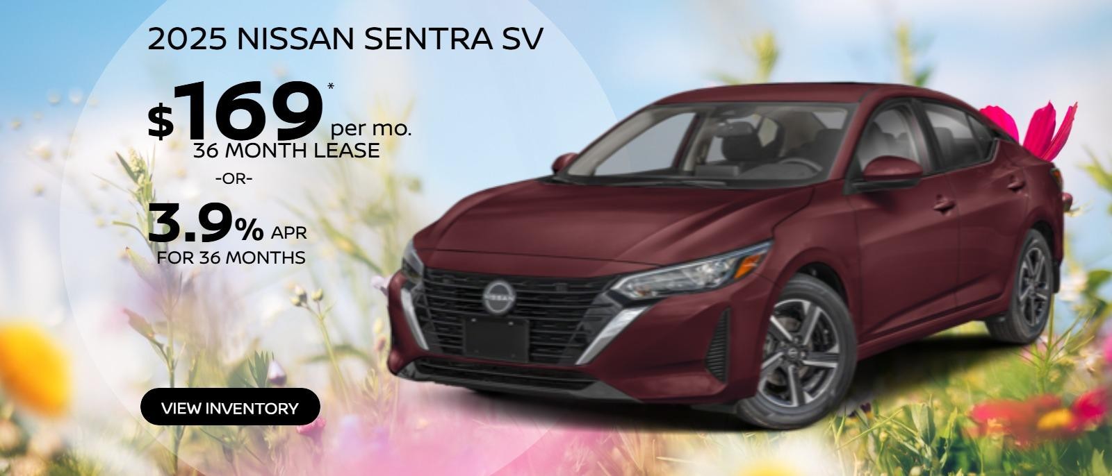 2025 Nissan Sentra SV
3N1AB8CV4SY261339
Stock # 250137. 
MSRP $27,415
$169 X 36.  
5,000 miles. 
$3,995 Due at signing plus first payment, tax, tags, $477 Doc Fee & $695 Acq. Fee. Must qualify for Loyalty offer.
