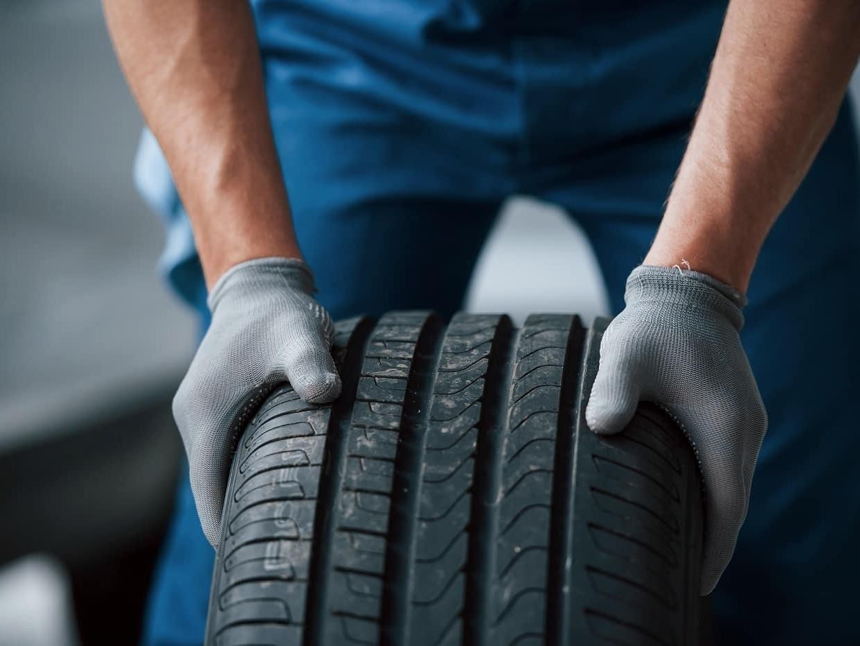 Technician taking tire