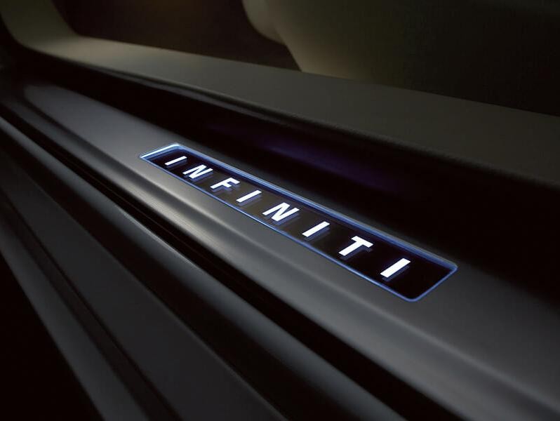 Illuminated Infiniti logo kickplate.