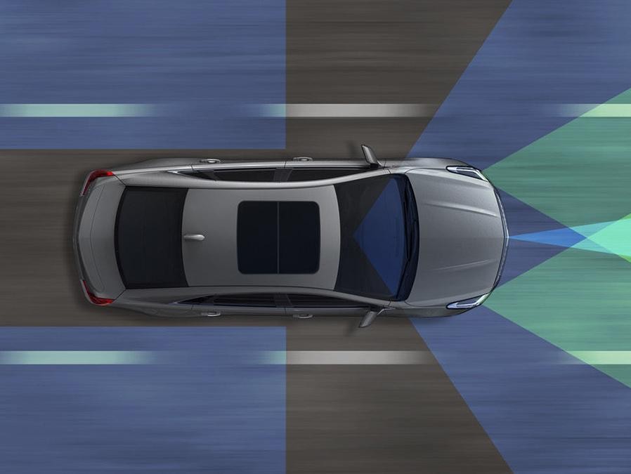 2018 Cadillac XTS Sedan overhead graphic of safety zones. 