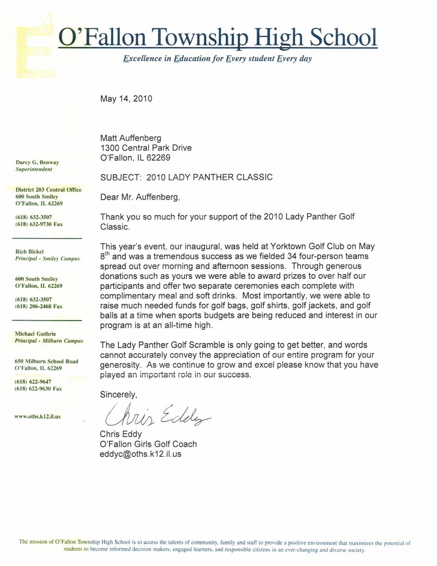 Thank You Letter from O'Fallon Township High School - Auffenberg Hyundai