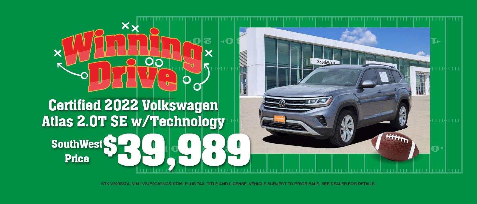 Certified 2022 Volkswagen Atlas 2.0T SE w/Technology
SouthWest Price $39,989
